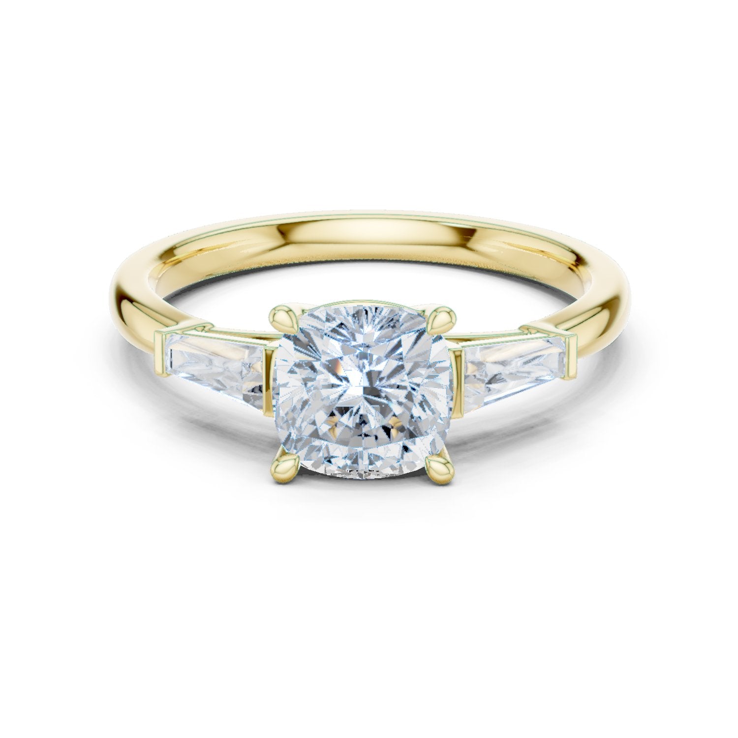 Cushion Cut Three Stone Engagement Ring with Tapered Baguette Sides