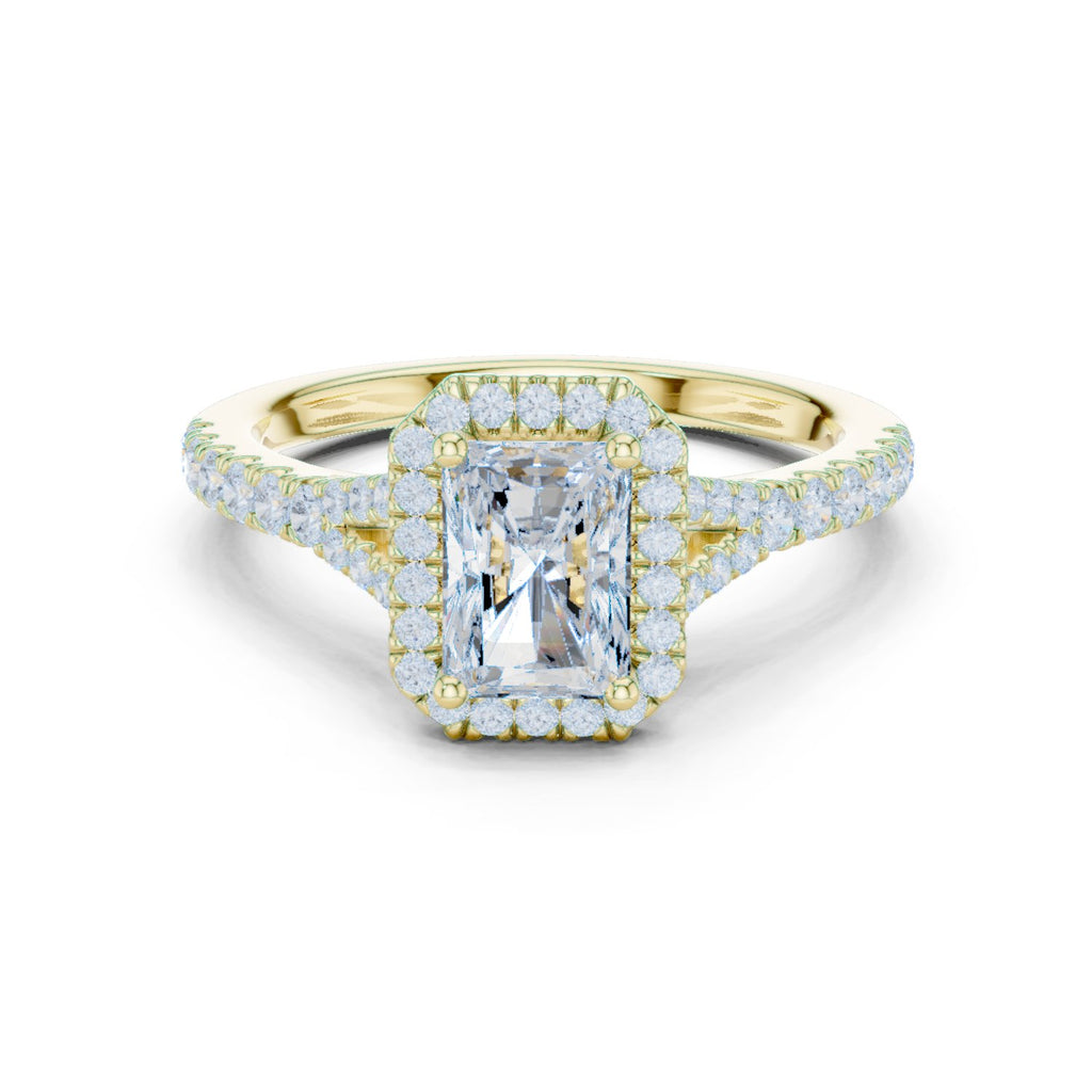 Radiant Cut Halo Engagement Ring with Split Shank Pavé Band