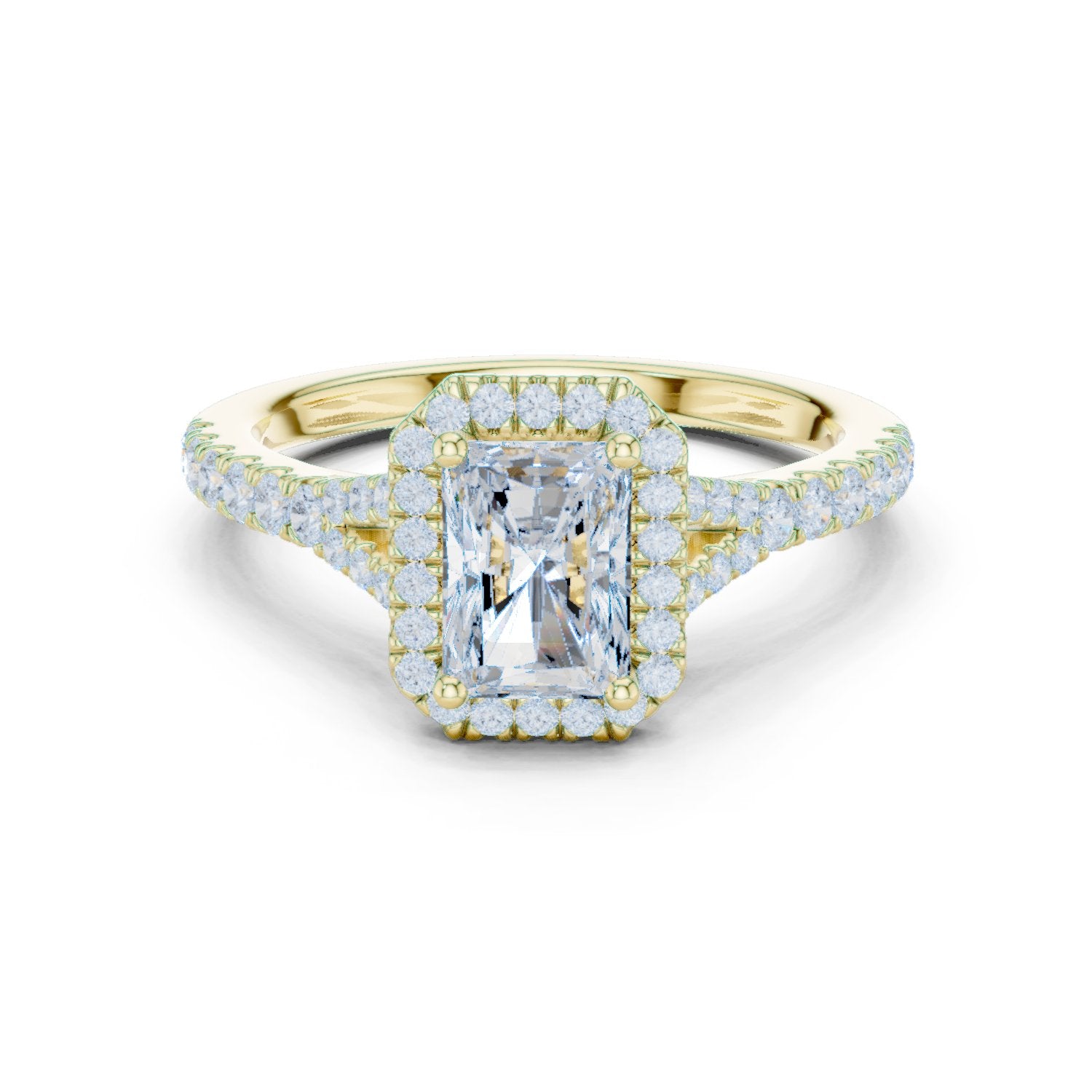 Radiant Cut Halo Engagement Ring with Split Shank Pavé Band