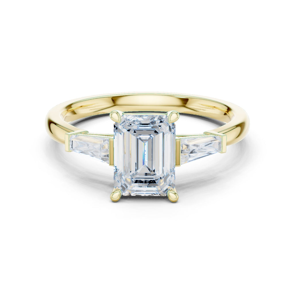 Emerald Cut Three Stone Engagement Ring with Tapered Baguette Sides