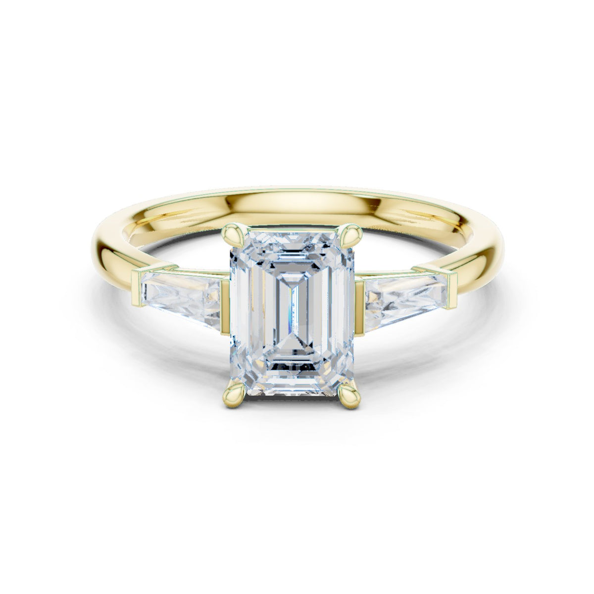 Emerald Cut Three Stone Engagement Ring with Tapered Baguette Sides