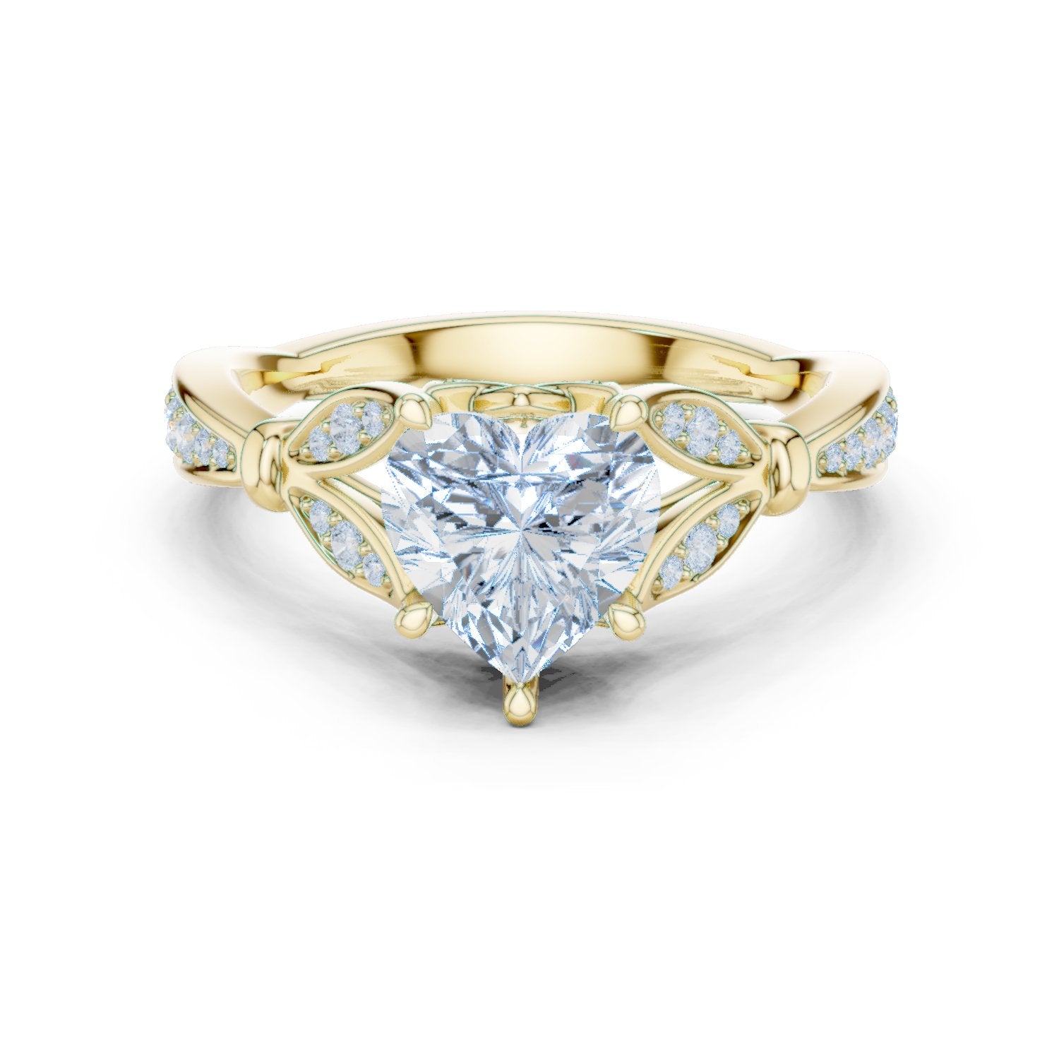 Heart Diamond Engagement Ring with Leaf Side Accents and Pavé Band