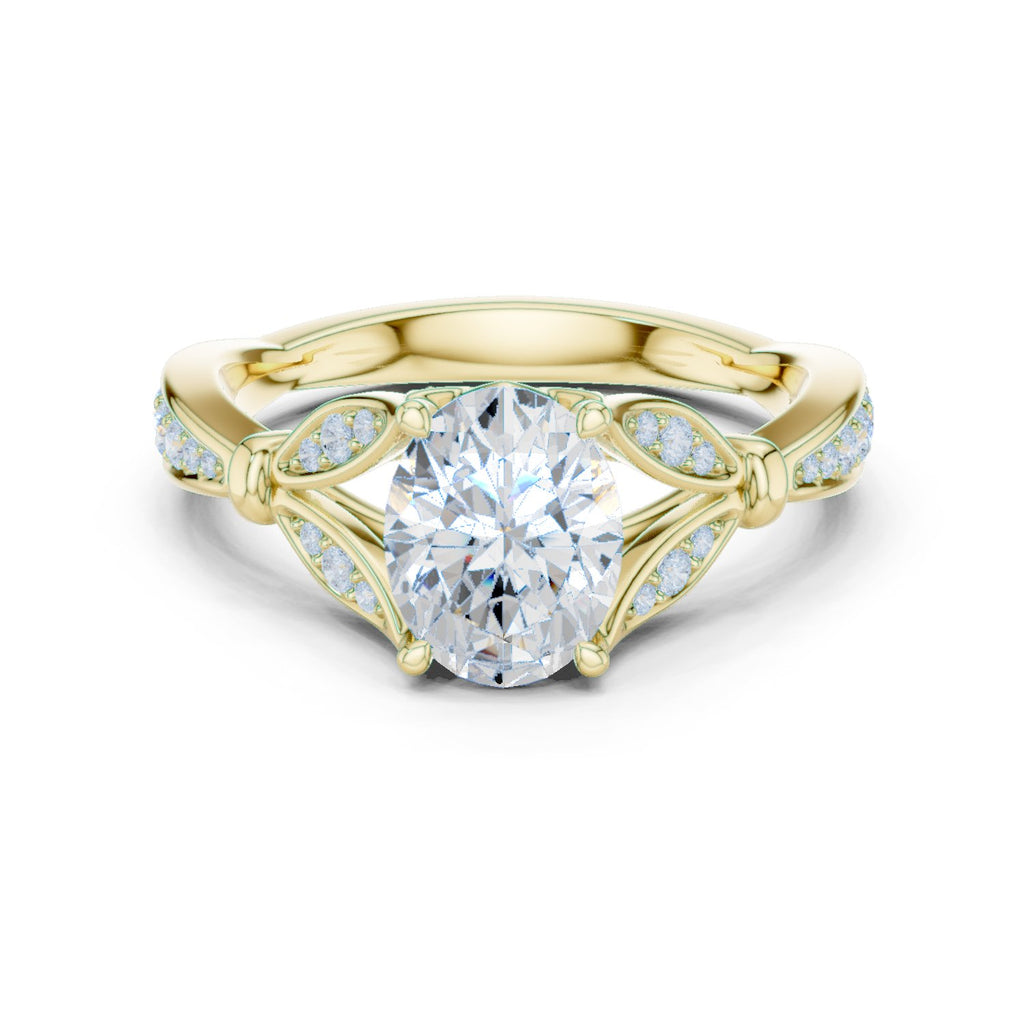 Oval Diamond Engagement Ring with Leaf Side Accents and Pavé Band