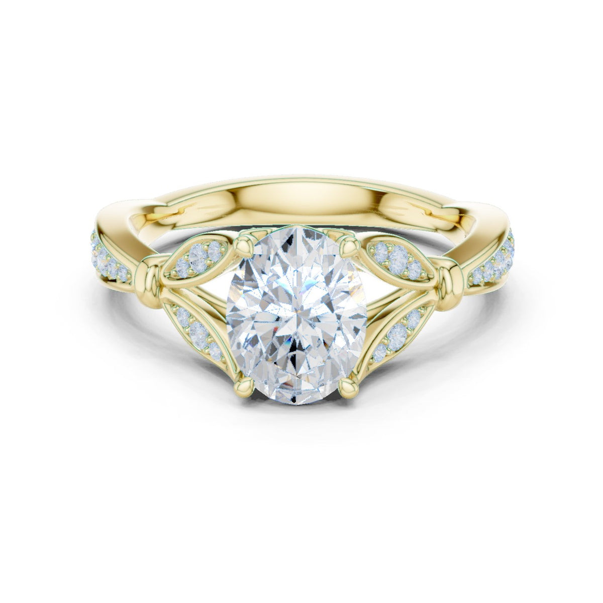 Oval Diamond Engagement Ring with Leaf Side Accents and Pavé Band