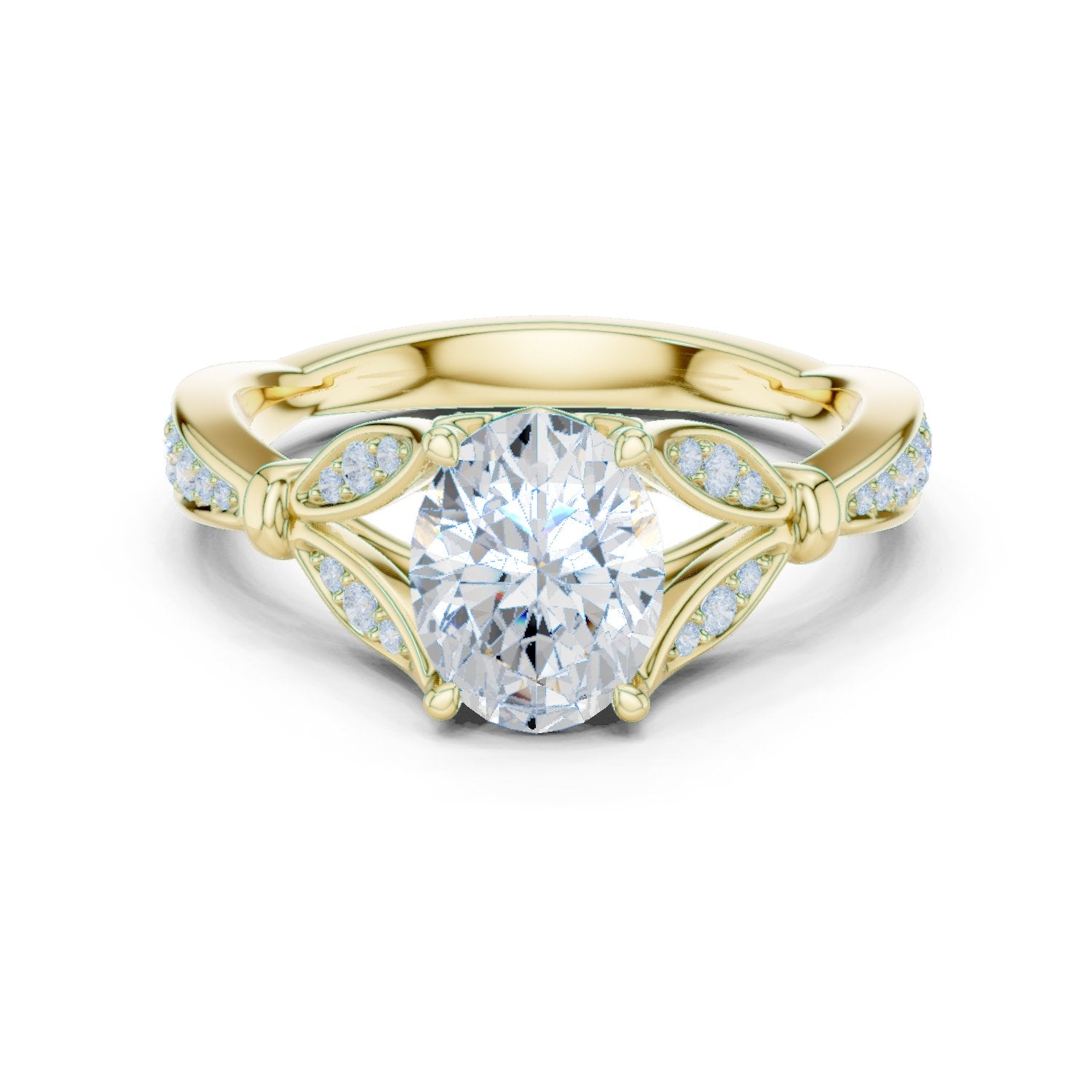 Oval Diamond Engagement Ring with Leaf Side Accents and Pavé Band