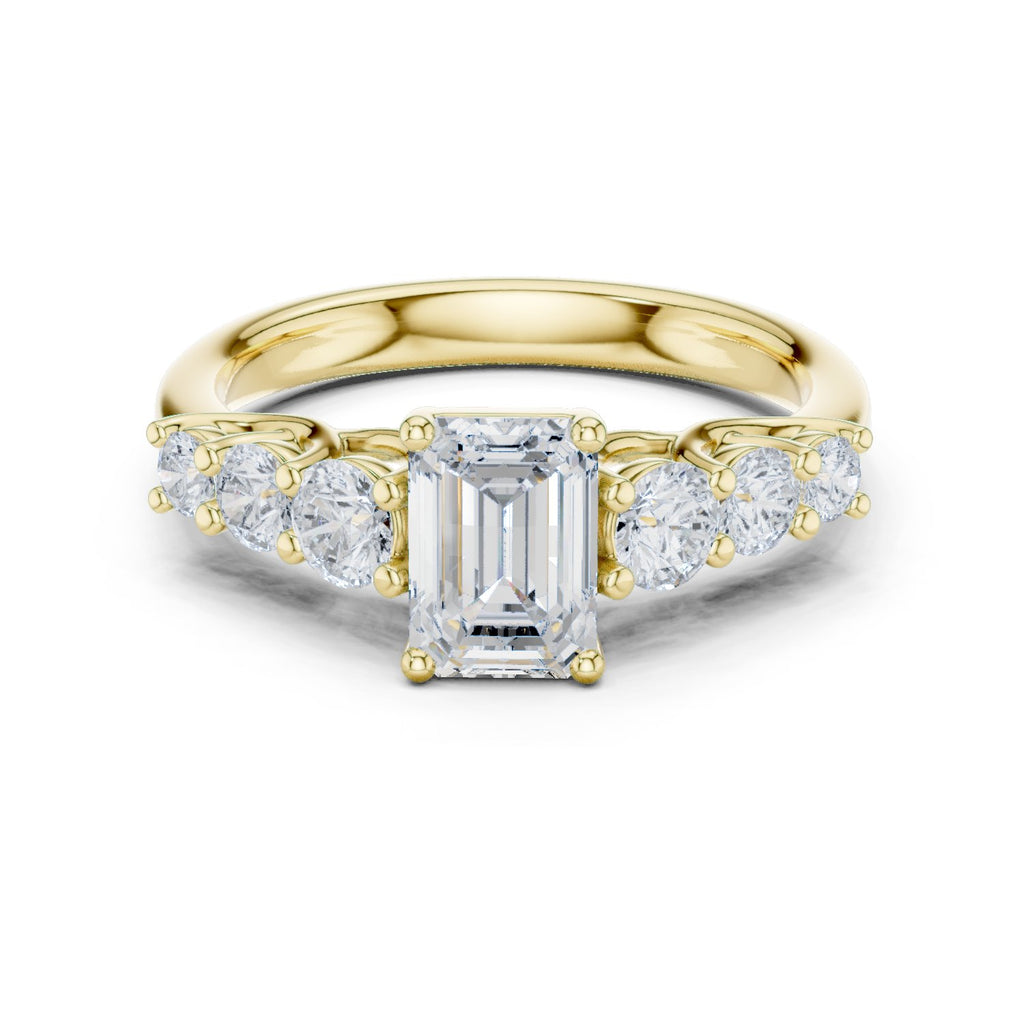 Emerald Cut Engagement Ring with Round Side Accents on Chevron Shoulders