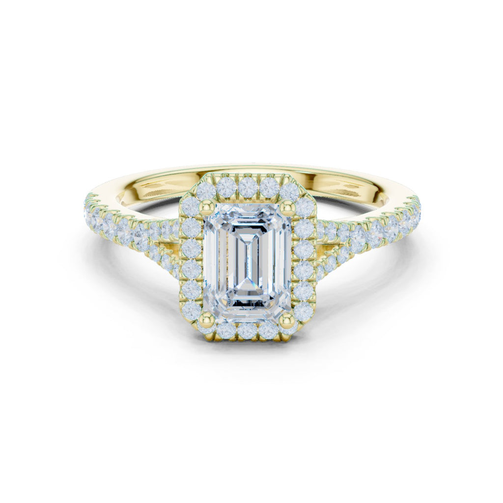 Emerald Cut Halo Engagement Ring with Split Shank Pavé Band