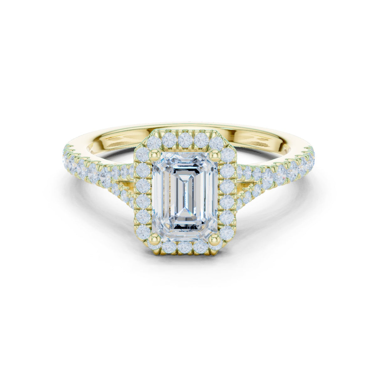 Emerald Cut Halo Engagement Ring with Split Shank Pavé Band