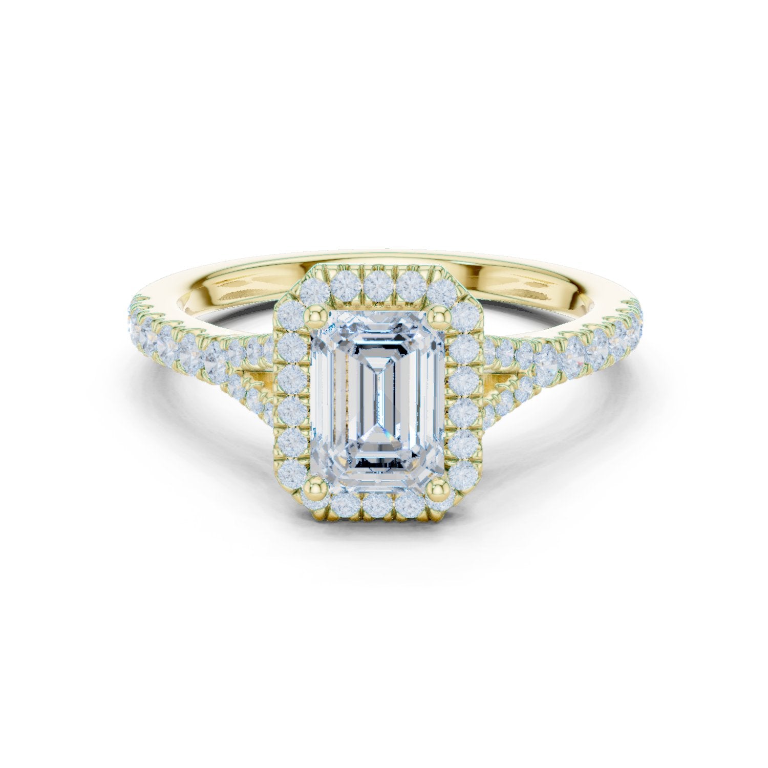 Emerald Cut Halo Engagement Ring with Split Shank Pavé Band