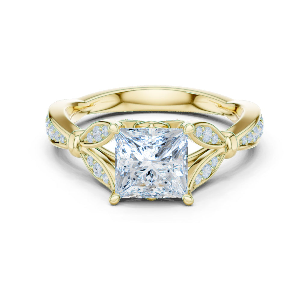 Princess Cut Engagement Ring with Leaf Side Accents and Pavé Band