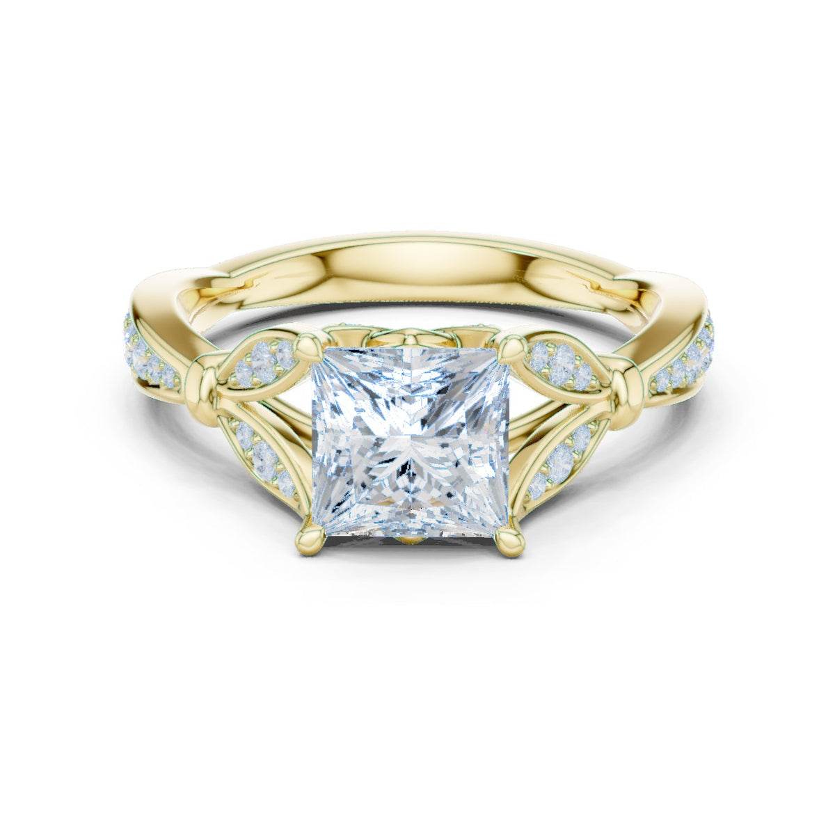 Princess Cut Engagement Ring with Leaf Side Accents and Pavé Band