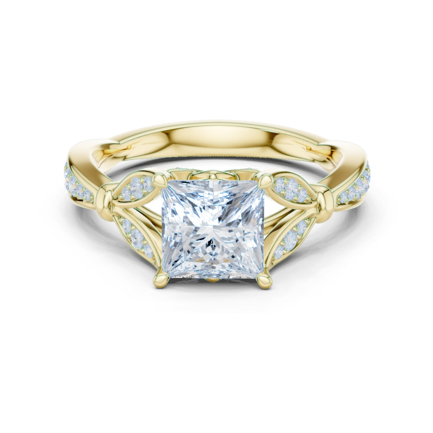 Princess Cut Engagement Ring with Leaf Side Accents and Pavé Band