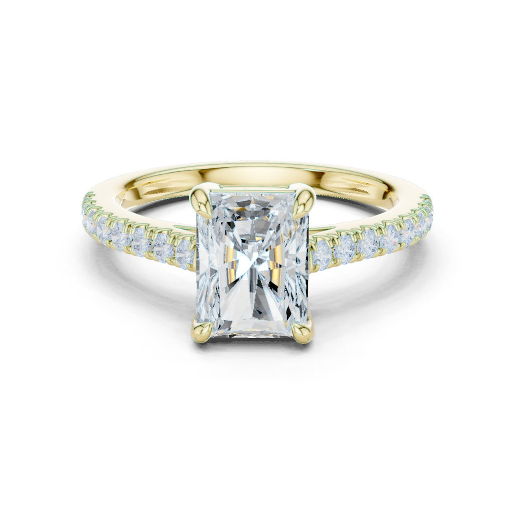 Radiant Cut Three Stone Engagement Ring with Tapered Baguette Sides and Pavé Band
