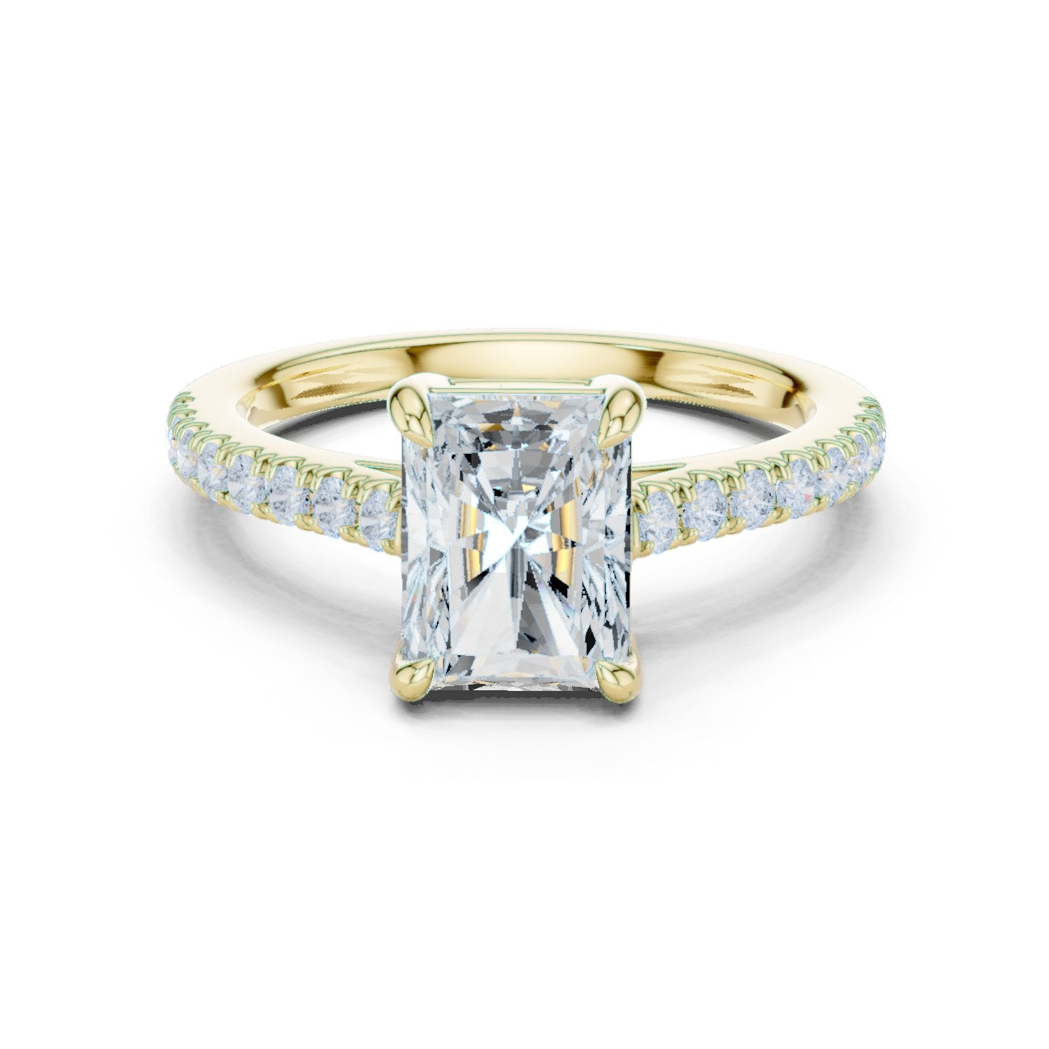 Radiant Cut Three Stone Engagement Ring with Tapered Baguette Sides and Pavé Band