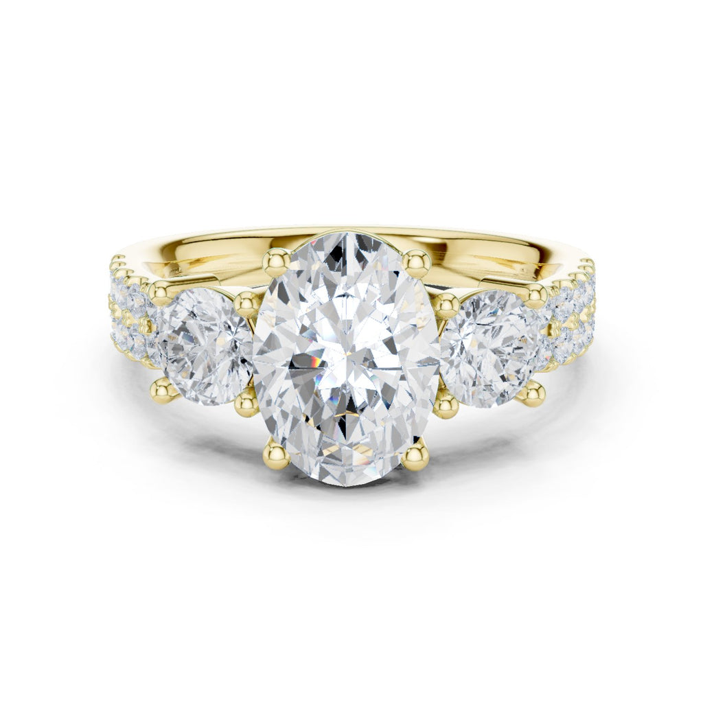 Oval Diamond Three Stone Engagement Ring with Round Sides and Pavé Band