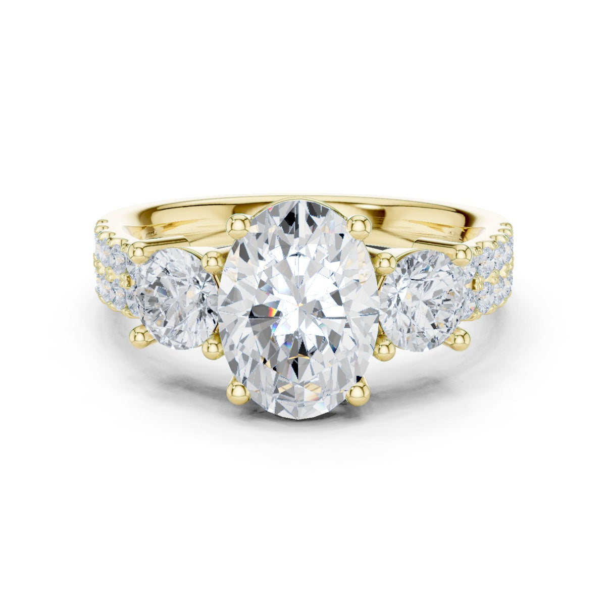 Oval Diamond Three Stone Engagement Ring with Round Sides and Pavé Band