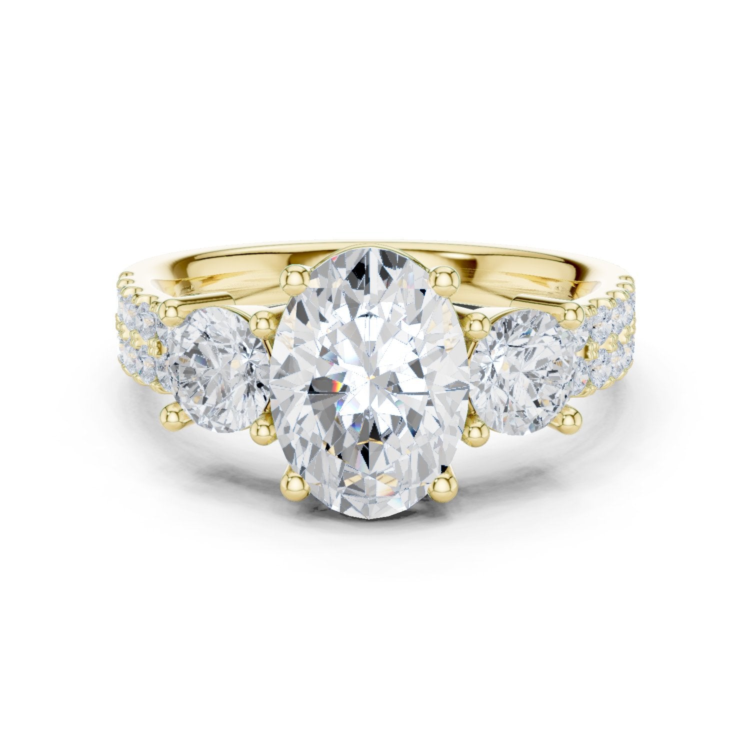 Oval Diamond Three Stone Engagement Ring with Round Sides and Pavé Band