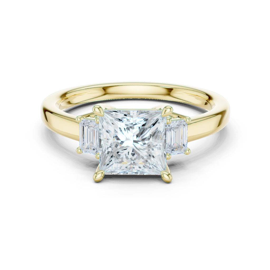 Princess Cut Three Stone Engagement Ring with Tapered Baguette Sides