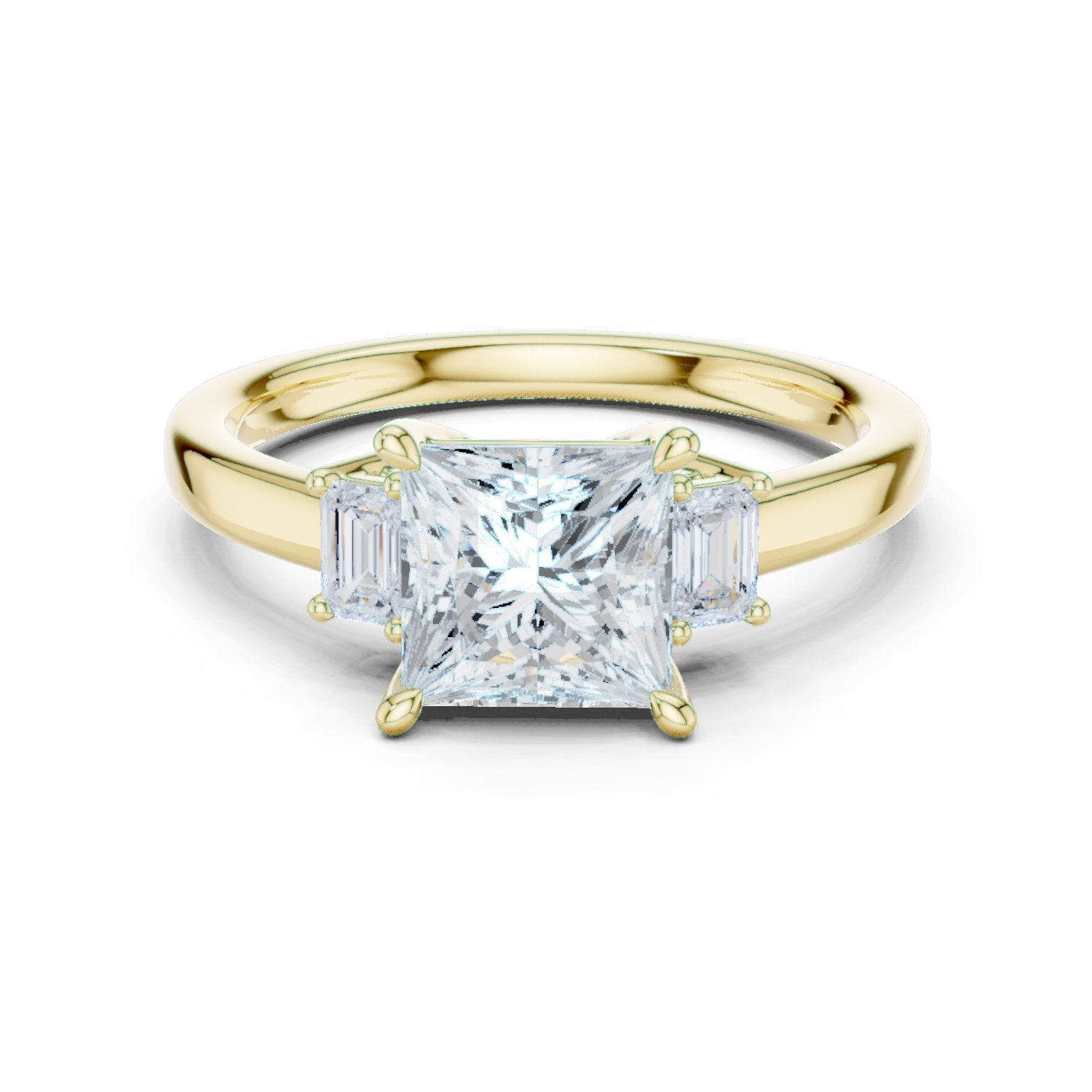Princess Cut Three Stone Engagement Ring with Tapered Baguette Sides