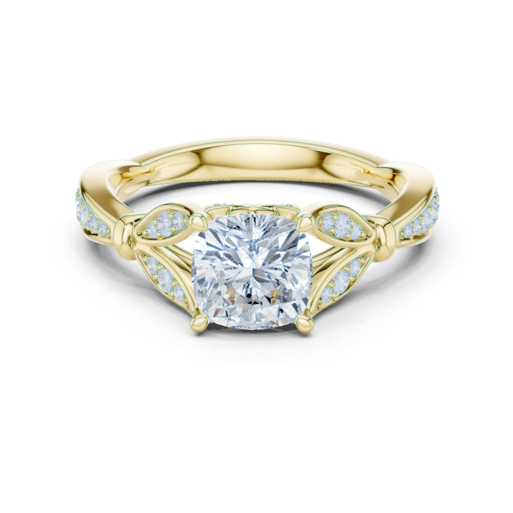 Cushion Cut Halo Engagement Ring with Floral Side Accents