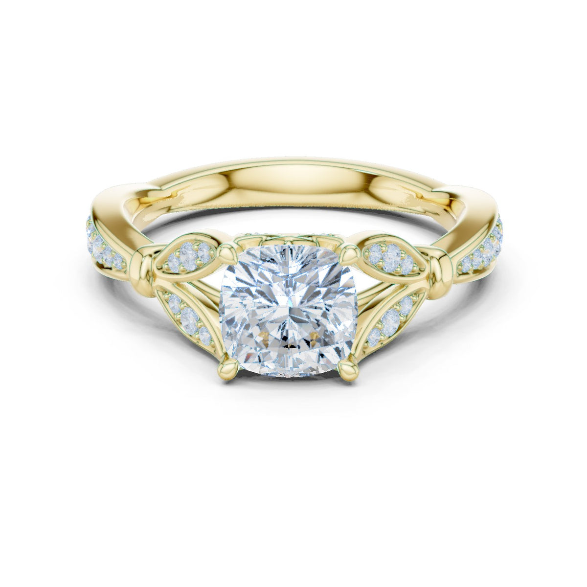 Cushion Cut Halo Engagement Ring with Floral Side Accents