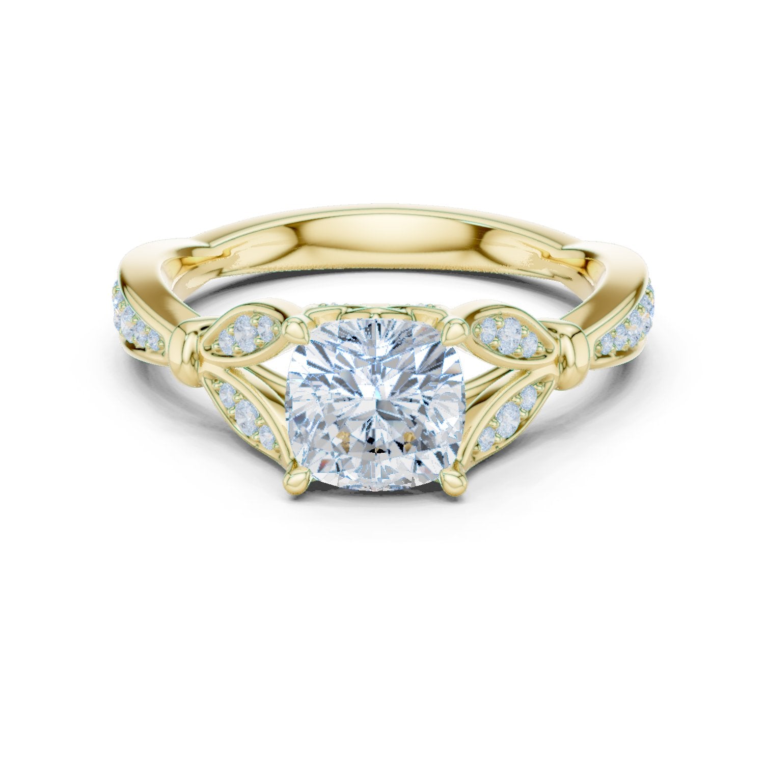 Cushion Cut Halo Engagement Ring with Floral Side Accents