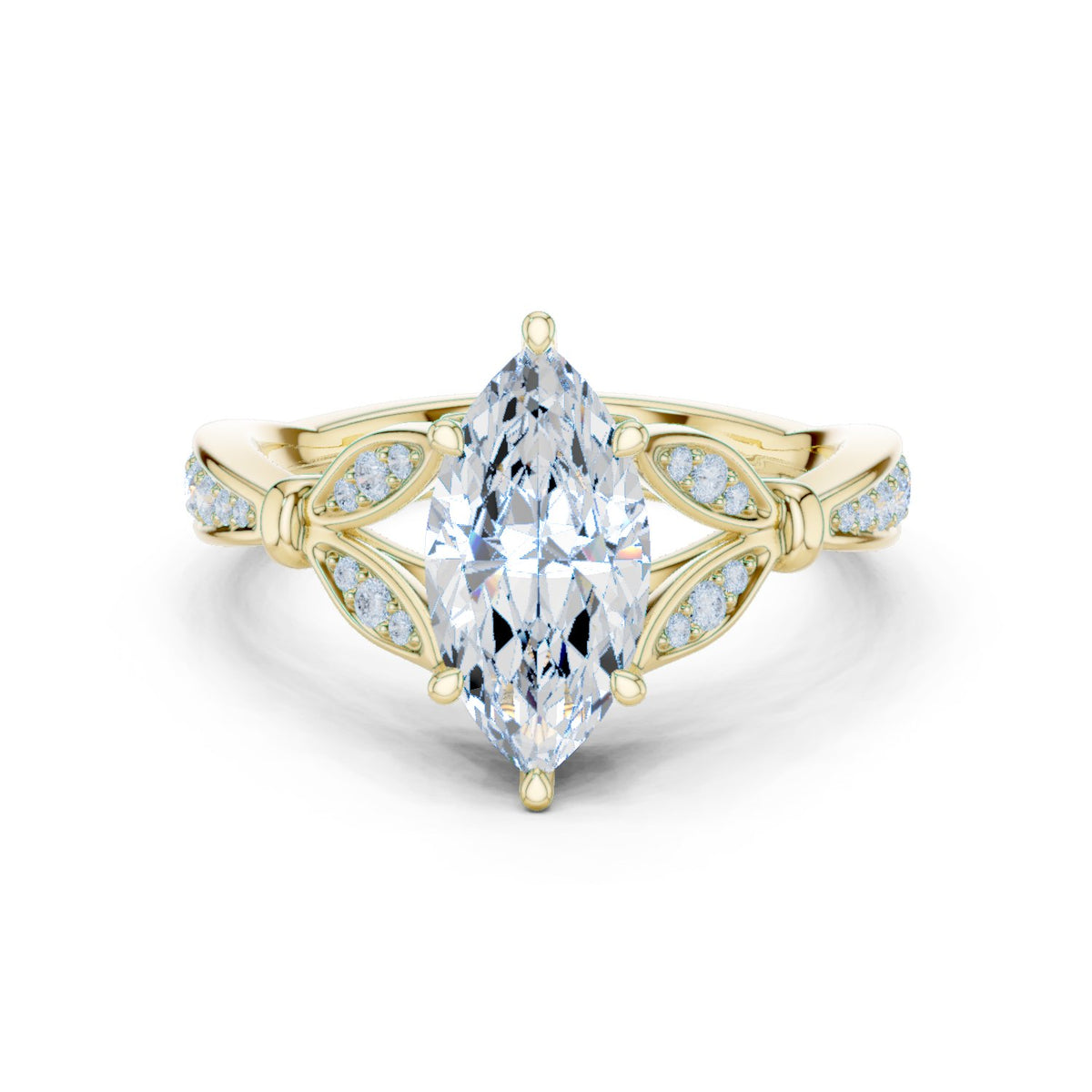 Marquise Cut Engagement Ring with Leaf Accents and Pavé Band