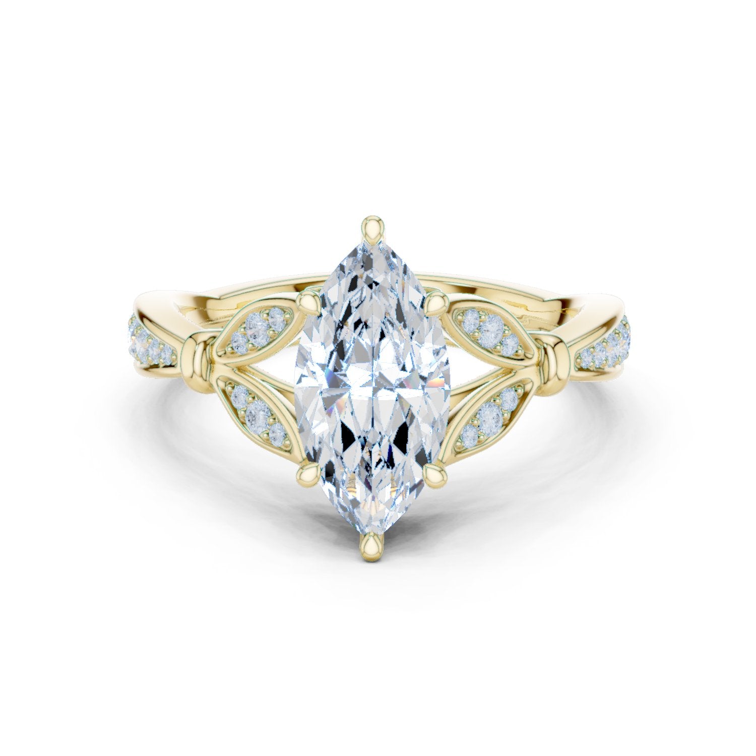Marquise Cut Engagement Ring with Leaf Accents and Pavé Band