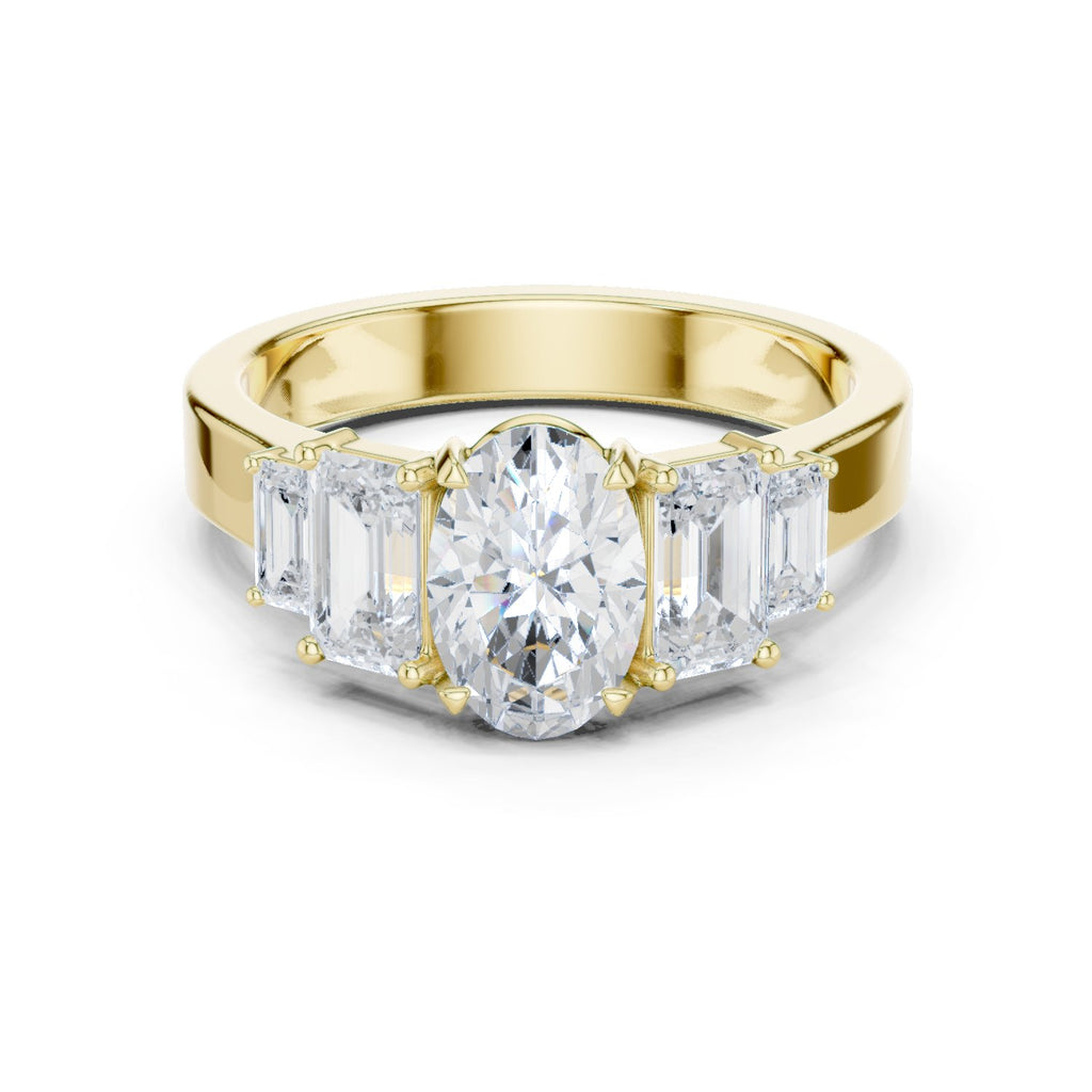 Oval Diamond Engagement Ring with Tapered Baguette Side Accents and Knife Edge Band