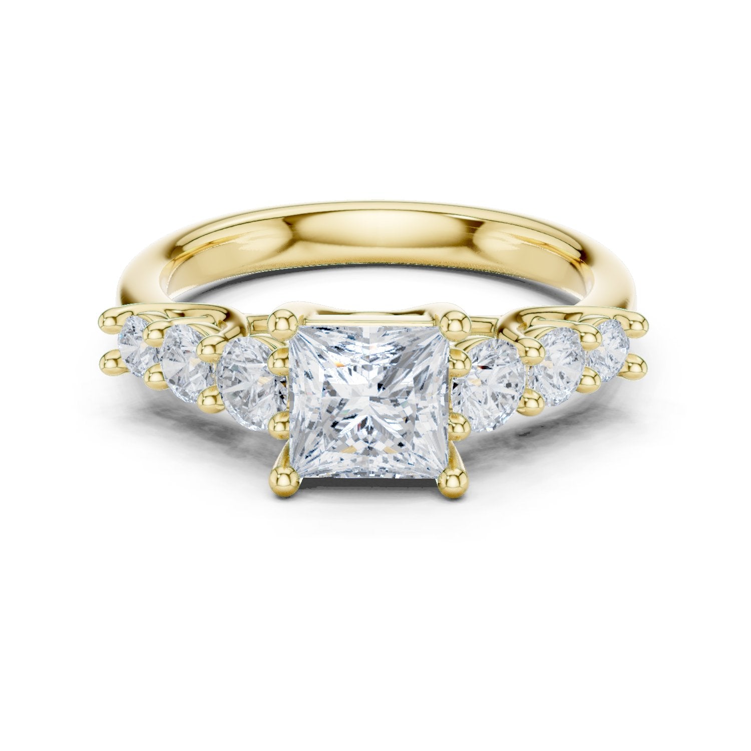Princess Cut Engagement Ring with Round Side Accents on Chevron Shoulders