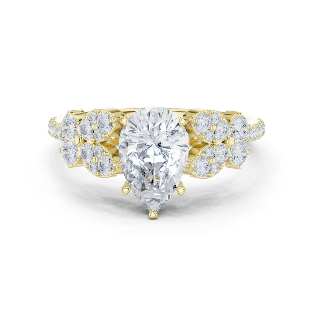 Pear Diamond Engagement Ring with Floral Side Cluster Accents and Pavé Band
