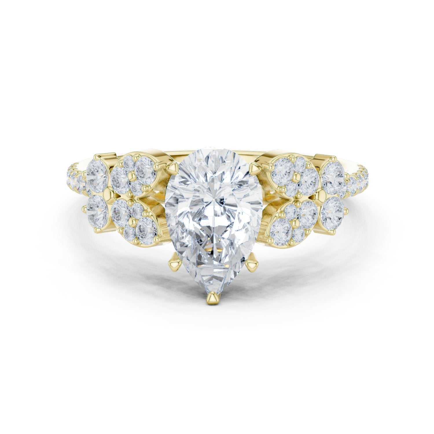 Pear Diamond Engagement Ring with Floral Side Cluster Accents and Pavé Band