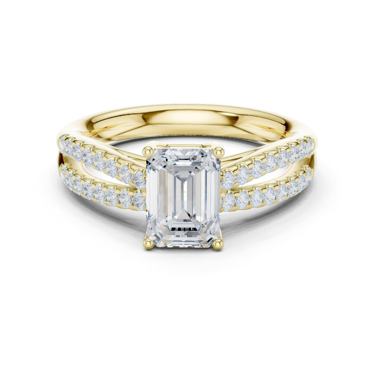 Emerald Cut Split Shank Engagement Ring with Pavé Band