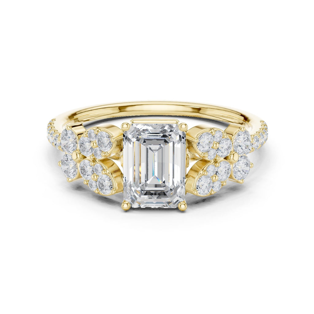Emerald Cut Engagement Ring with Floral Side Cluster Accents