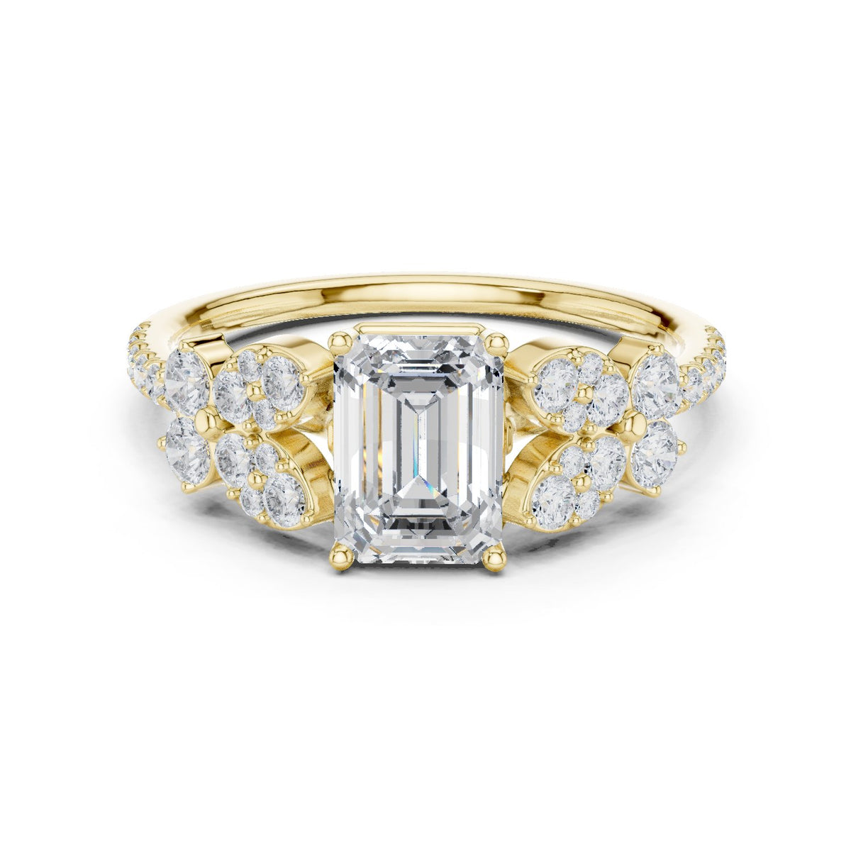 Emerald Cut Engagement Ring with Floral Side Cluster Accents