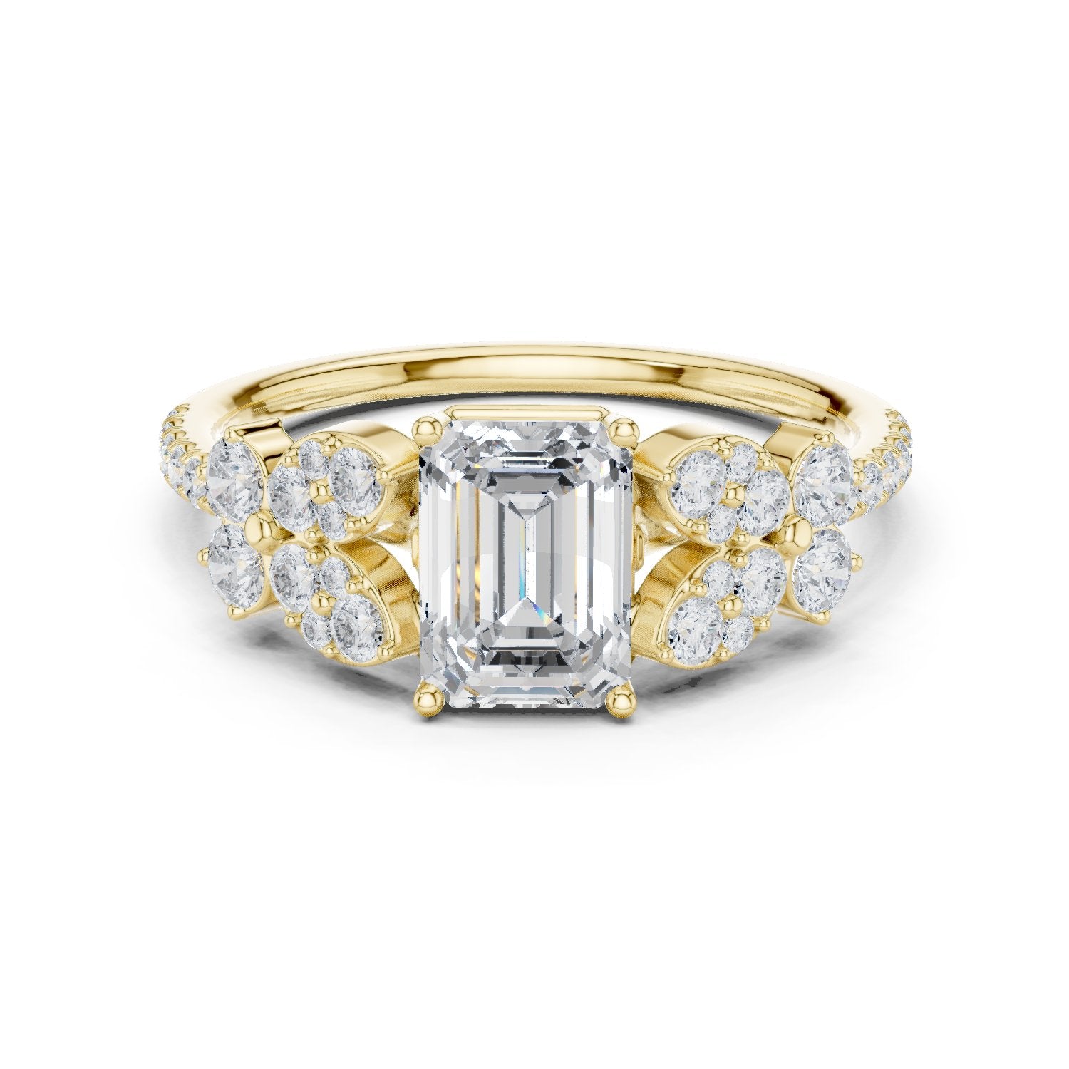 Emerald Cut Engagement Ring with Floral Side Cluster Accents