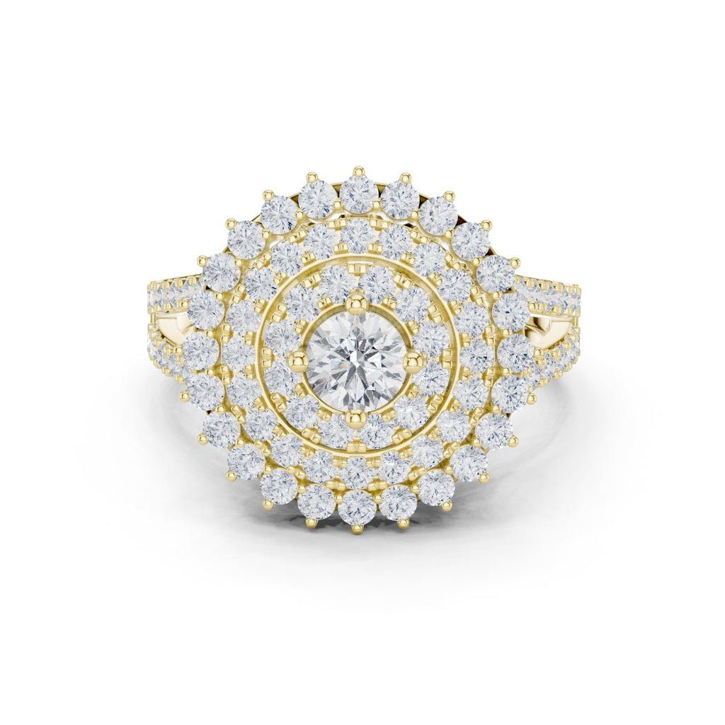 Round Diamond Sunburst Cluster Halo Statement Engagement Ring