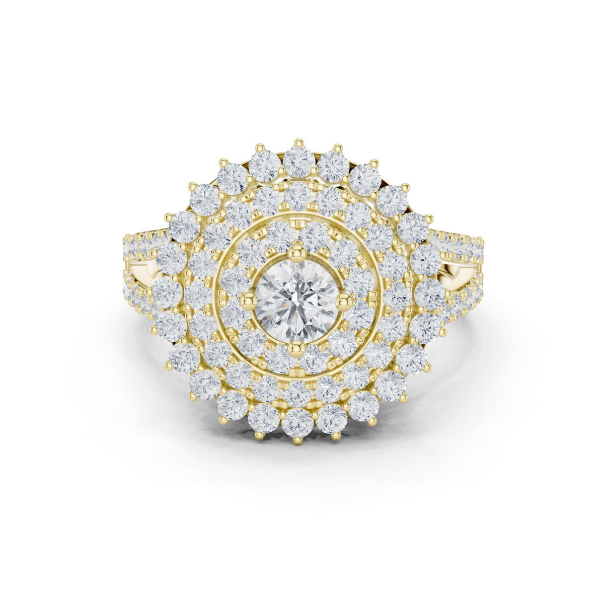 Round Diamond Sunburst Cluster Halo Statement Engagement Ring