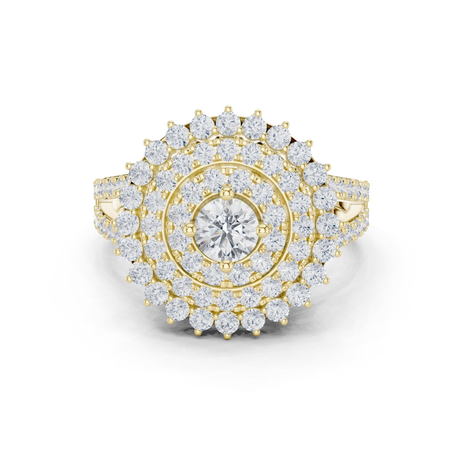Round Diamond Sunburst Cluster Halo Statement Engagement Ring