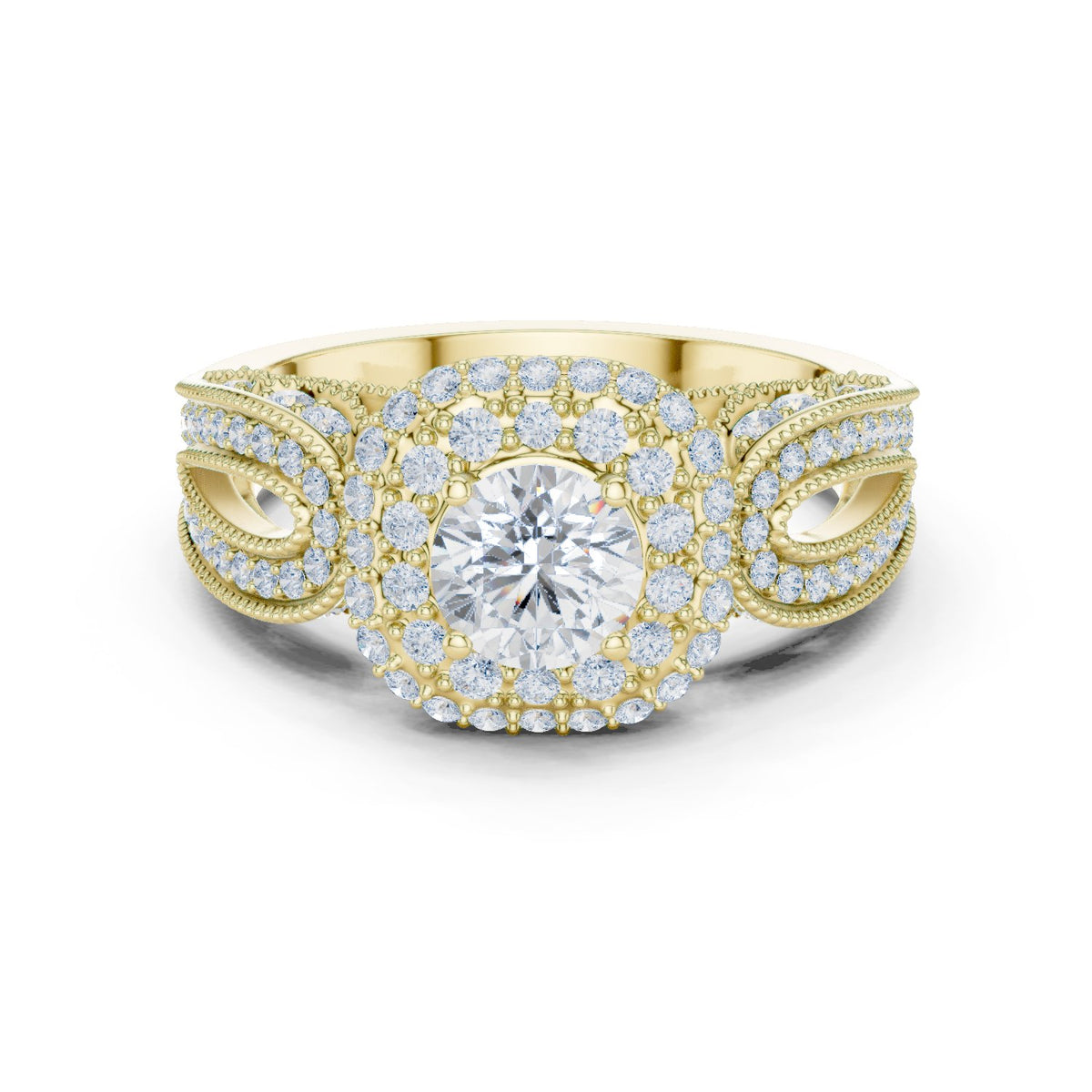 Round Diamond Double Halo Engagement Ring with Decorative Band