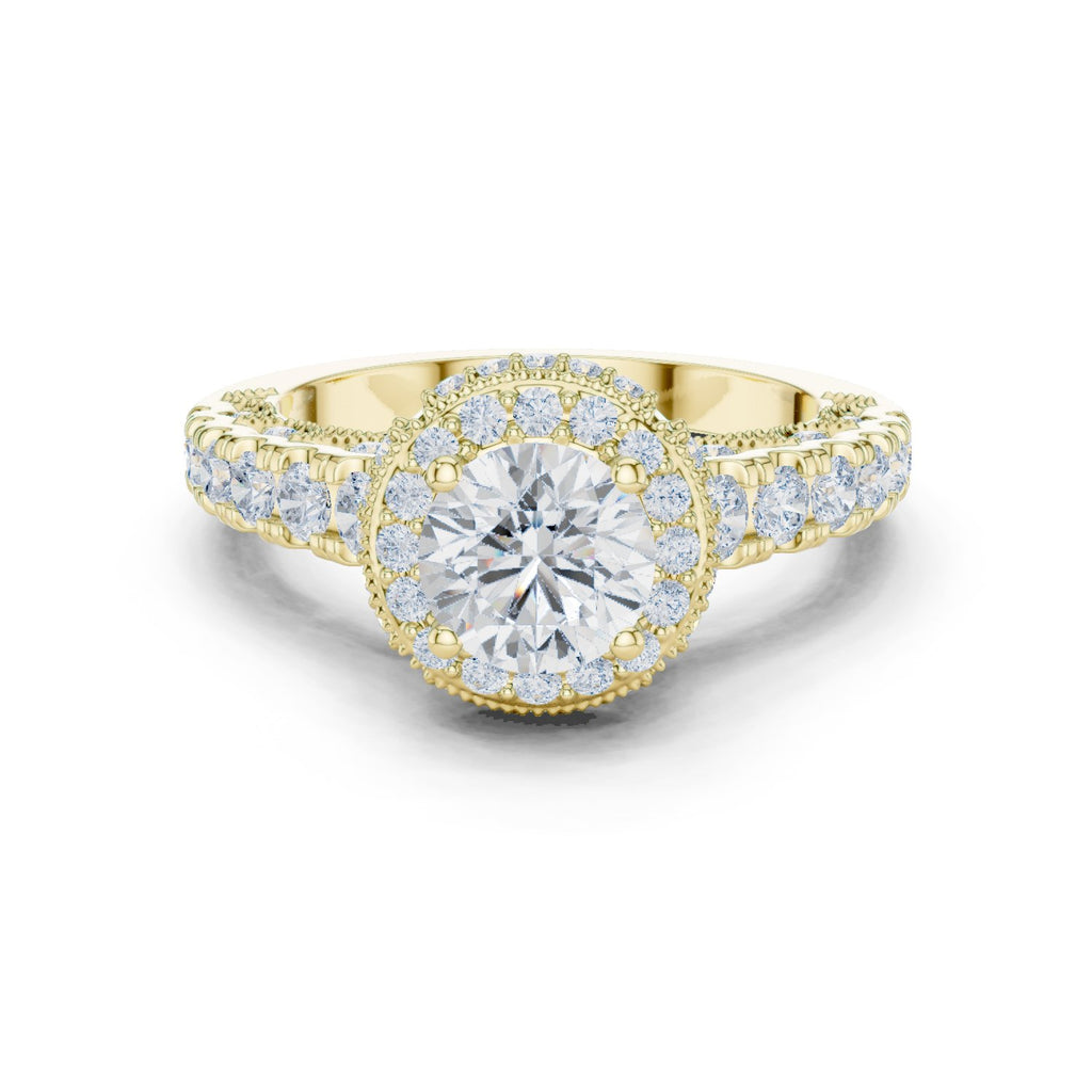 Round Diamond Halo Engagement Ring with Multi-Row Pavé Band