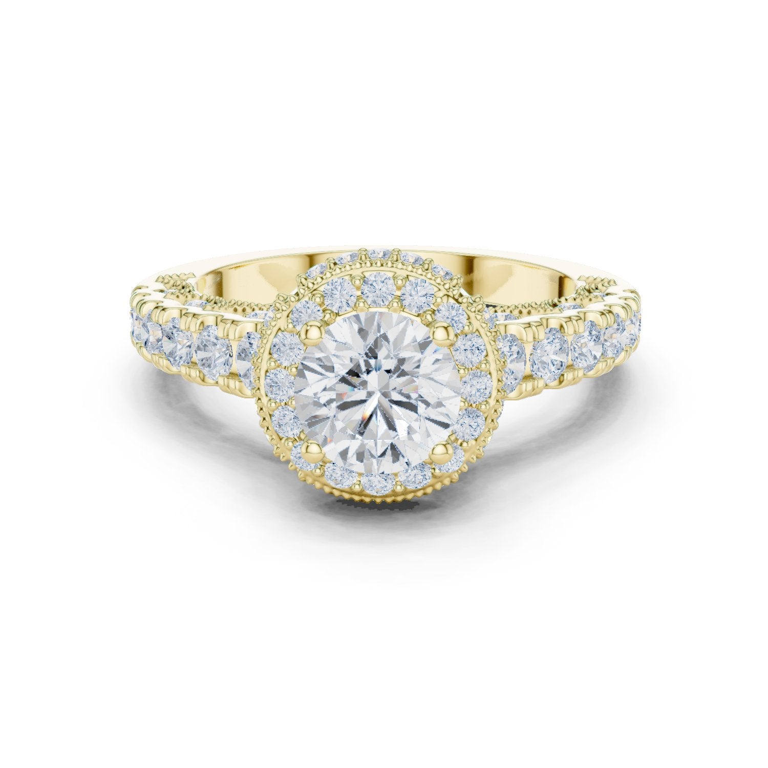 Round Diamond Halo Engagement Ring with Multi-Row Pavé Band