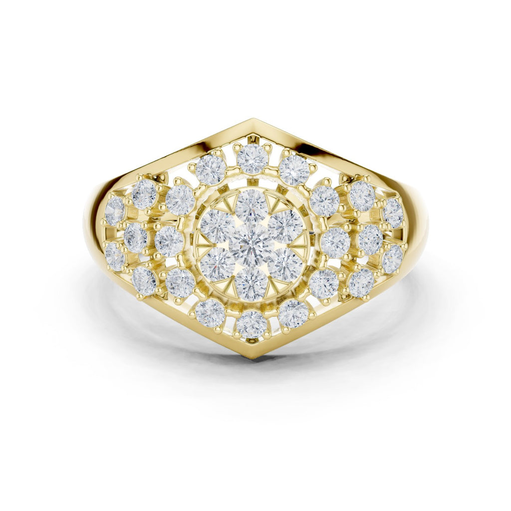 Round Diamond Hexagonal Cluster Signet Engagement Ring