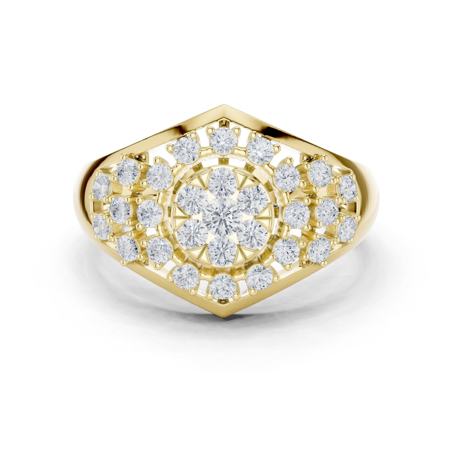 Round Diamond Hexagonal Cluster Signet Engagement Ring
