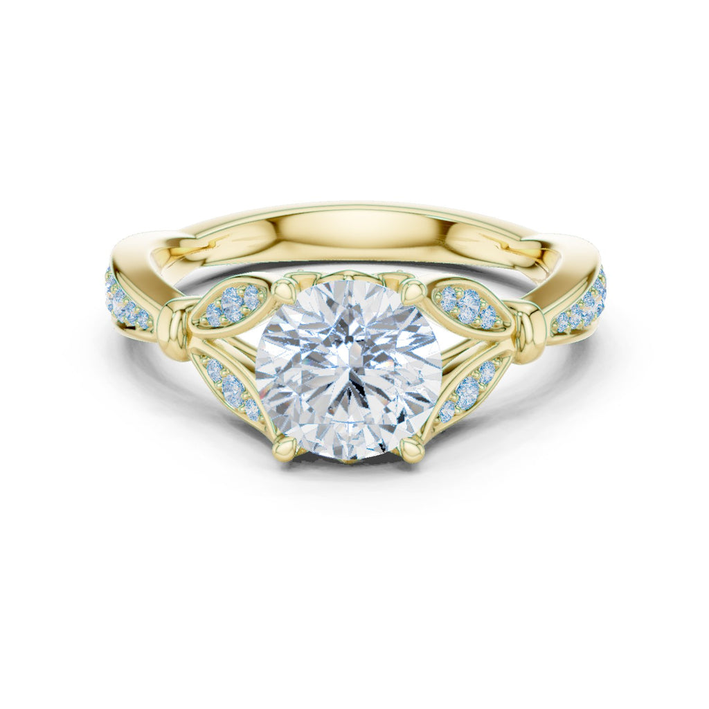 Round Diamond Engagement Ring with Leaf Accents and Pavé Band