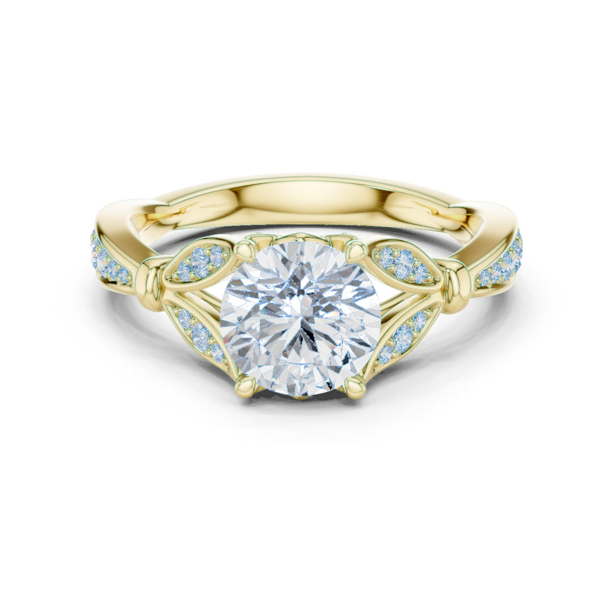 Round Diamond Engagement Ring with Leaf Accents and Pavé Band