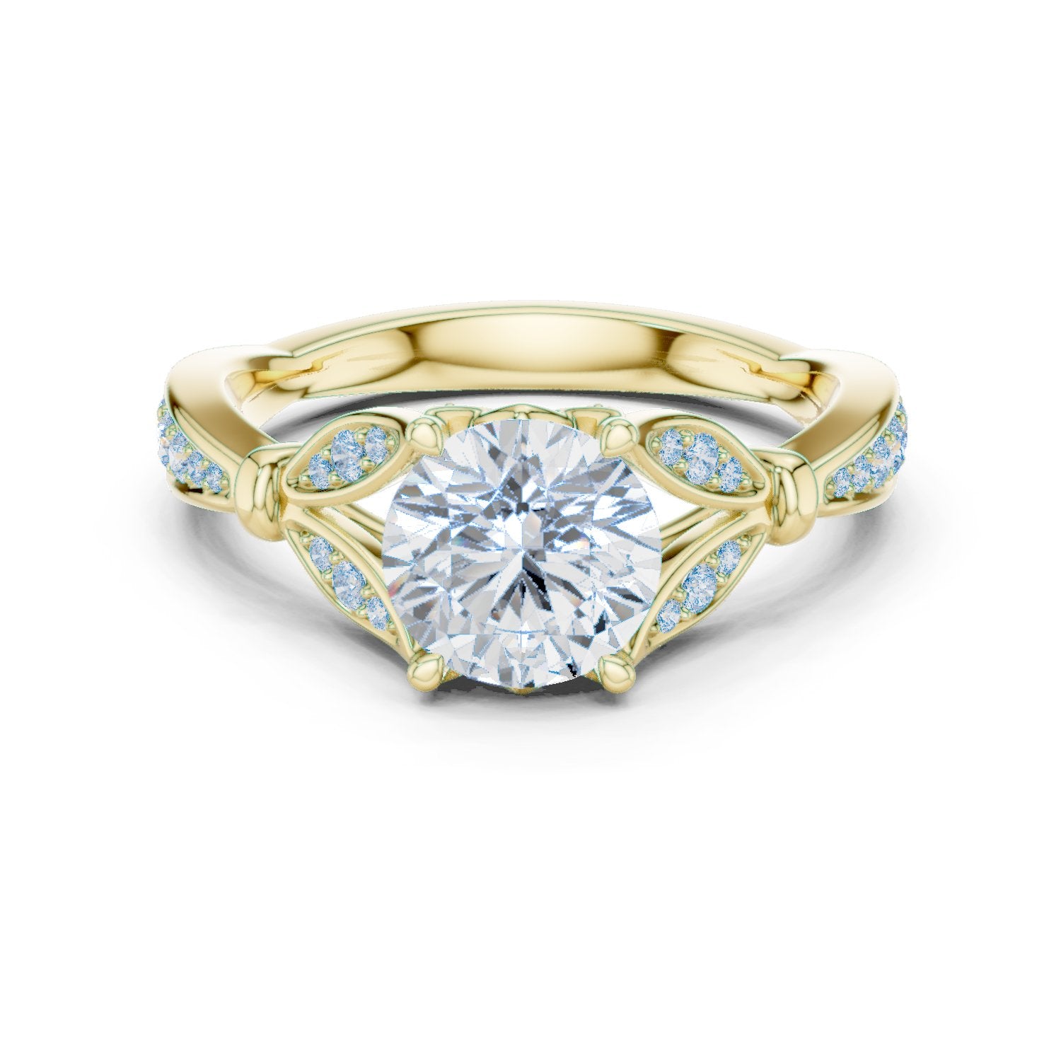 Round Diamond Engagement Ring with Leaf Accents and Pavé Band