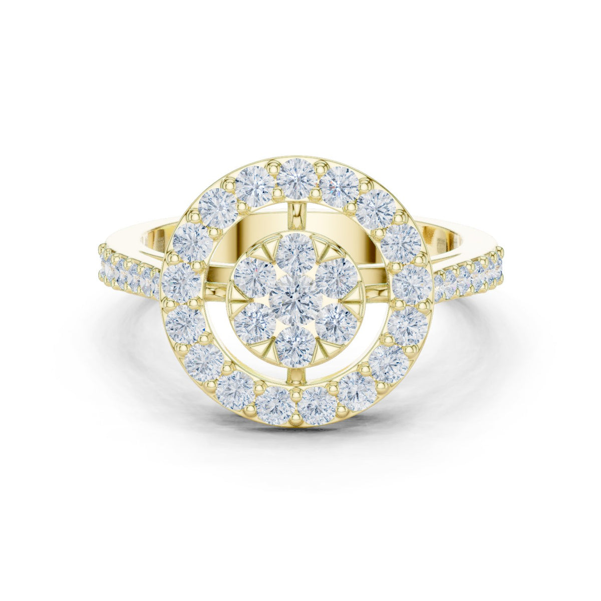 Round Diamond Constellation Cluster Halo Engagement Ring with Split Shank Pavé Band