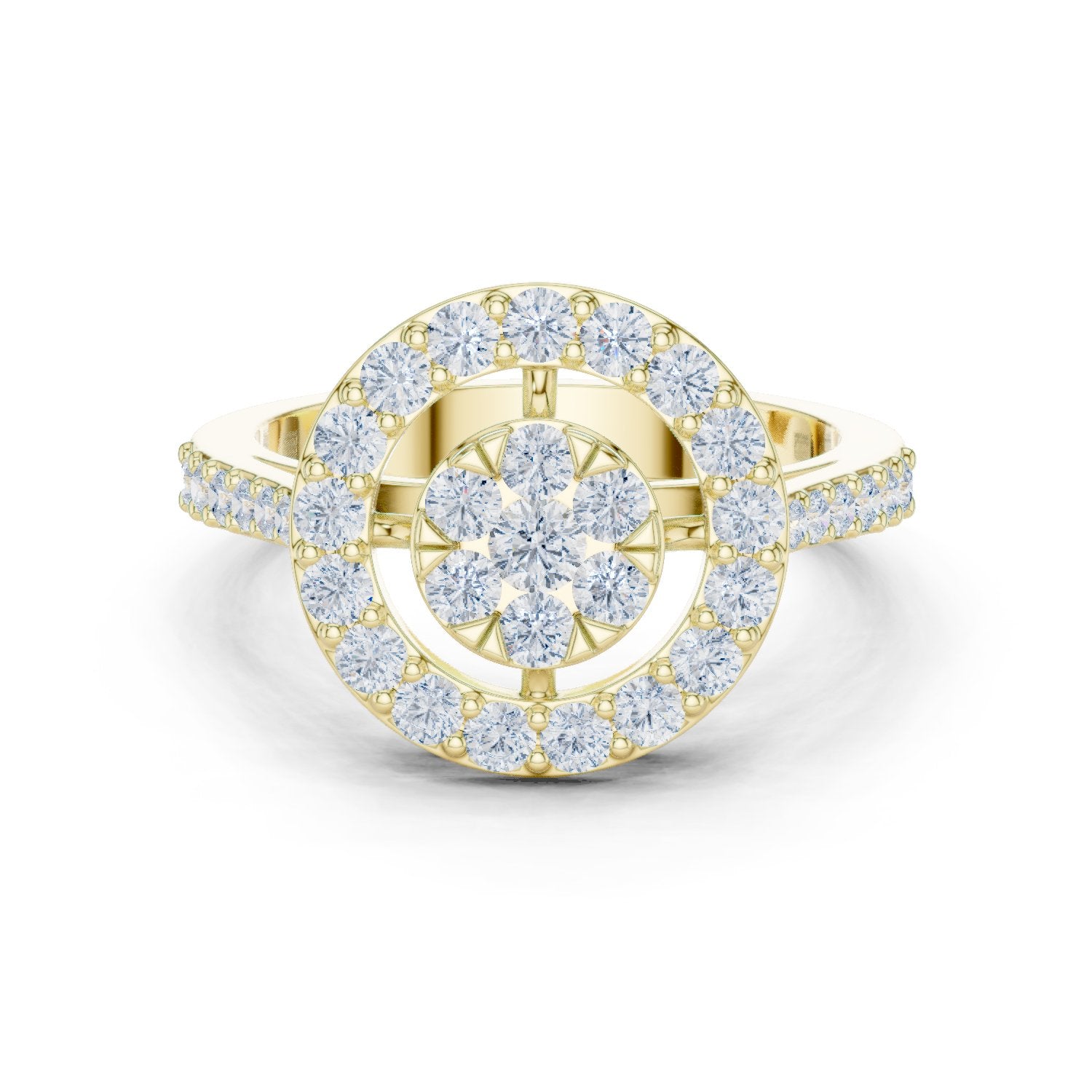 Round Diamond Constellation Cluster Halo Engagement Ring with Split Shank Pavé Band