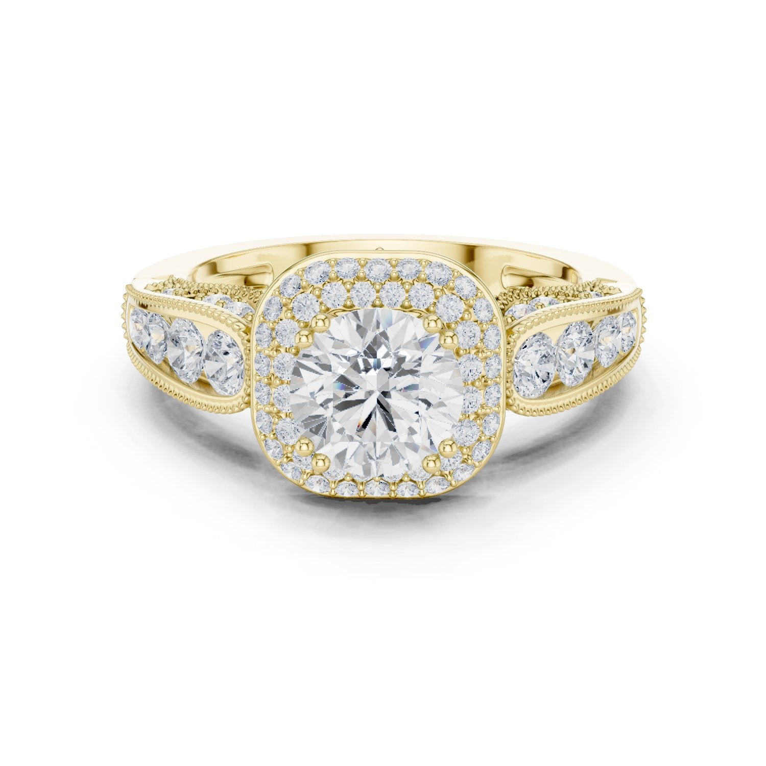 Round Diamond Cushion Halo Engagement Ring with Decorative Pavé Band
